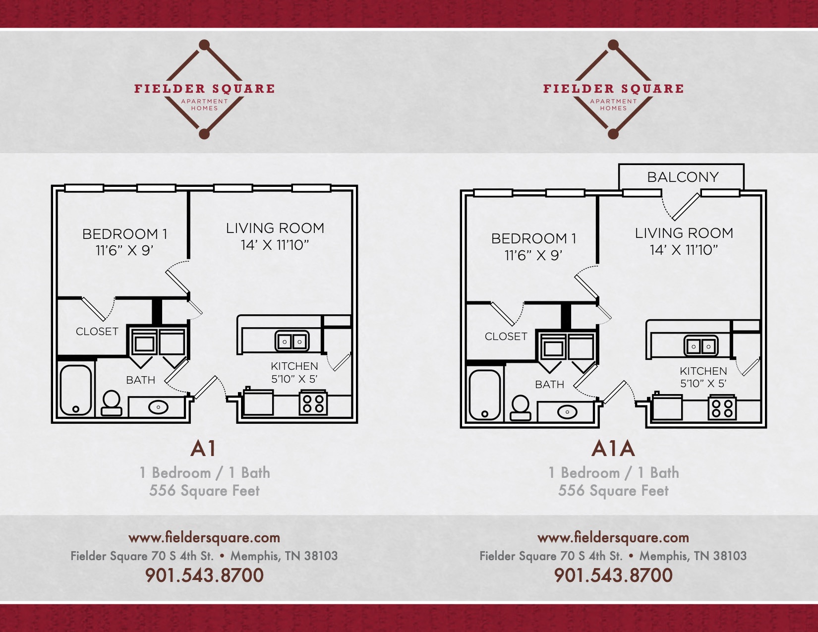 Floor plan for 1 bed, 1 bath, 556 sqft